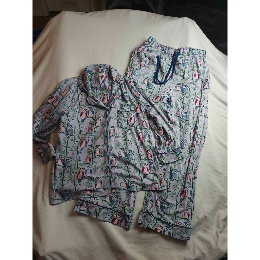 Kim Rogers Intimates Owl Pajama Set Womens Medium Blue Jersey‎ 2-Piece Sleepwear